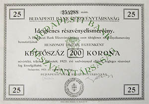 Budapesti Bank Rszvnytrsasg ideiglenes rszvnyelismervny 5000 korona 1923