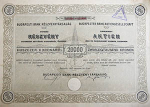 Budapesti Bank Rszvnytrsasg rszvny 20000 korona 1922