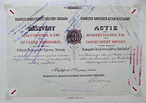 Budapesti Bankegyeslet Rszvnytrsasg rszvny 100 forint 200 korona 1895