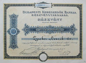 Budapesti Kereskedk Bankja Rszvnytrsasg rszvny 200 korona 1907