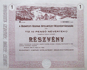 Budapesti Kisipari Hitelintzet Rszvnytrsasg rszvny 10 peng 1928