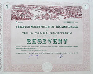 Budapesti Kisipari Hitelintzet Rszvnytrsasg rszvny 10 peng 1926