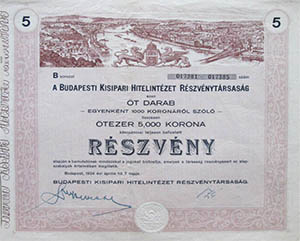 Budapesti Kisipari Hitelintzet Rszvnytrsasg rszvny 5x1000 5000 korona 1924