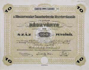 Bdszentmihlyi Takarkpnztr Rszvnytrsasg rszvny 10x100 1000 peng 1930