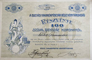 Buzisi Takarkpnztr Rszvnytrsasg rszvny 100 korona 1910 Buzisfrd