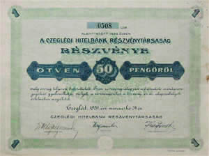 Cegldi Hitelbank Rszvnytrsasg rszvny 50 peng 1931