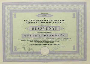 Cegldi Kereskedelmi Bank rszvny 50 peng 1941