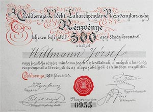 Csktornya-Vidki Takarkpnztr Rszvnytrsasg rszvny 500 korona 1912