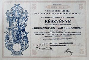 Csenger s Vidke Takarkpnztr Rszvnytrsasg rszvny 5x50 250 peng 1931
