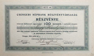 Csengeri Npbank Rszvnytrsasg rszvny 100 korona 1910