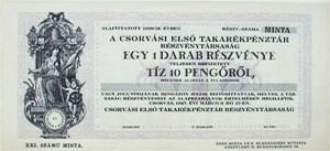 Csorvsi Els Takarkpnztr Rszvnytrsasg rszvny 10 peng 1927 minta