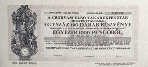 Csorvsi Els Takarkpnztr Rszvnytrsasg rszvny 100x10 peng 1927 minta