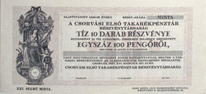 Csorvsi Els Takarkpnztr Rszvnytrsasg rszvny 10x10 peng 1927 minta
