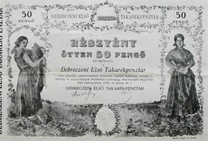 Debreczeni Els Takarkpnztr Rszvnytrsasg rszvny 50 peng 1926