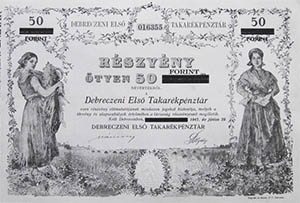 Debreczeni Els Takarkpnztr Rszvnytrsasg rszvny 50 peng 1926 / 50 forint 1947