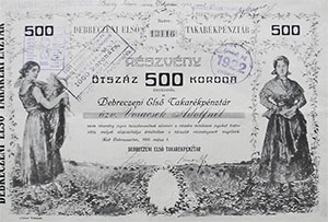 Debreczeni Els Takarkpnztr Rszvnytrsasg rszvny 500 korona 1911