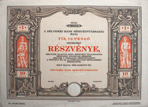 Dlvidki Bank Rszvnytrsasg Baja rszvny 10 peng 1926