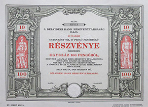 Dlvidki Bank Rszvnytrsasg Baja rszvny 10x10 100 peng 1926