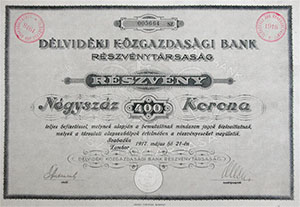 Dlvidki Kzgazdasgi Bank Rszvnytrsasg rszvny 400 korona 1917 Szabadka, Zombor