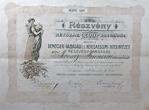 Demecseri Gazdasgi s Kereskedelmi Hitelintzet Rszvnytrsasg rszvny 200 korona 1910