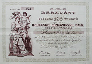 Derecskei Kzgazdasgi Bank Rszvnytrsasg rszvny 100 korona 1910 Derecske