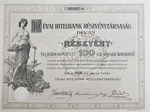 Dvai Hitelbank Rszvnytrsasg rszvny 100 korona 1908