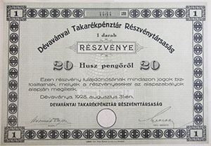Dvavnyai Takarkpnztr Rszvnytrsasg rszvny 20 peng 1928