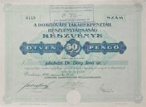 Dombvri Takarkpnztr Rszvnytrsasg rszvny 50 peng 1926