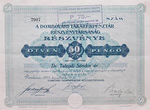 Dombvri Takarkpnztr Rszvnytrsasg rszvny 50 peng 1929