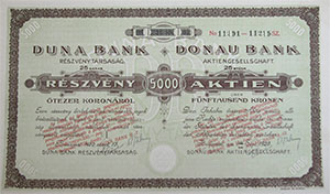 Duna Bank Rszvnytrsasg rszvny 25x200 5000 korona 1920