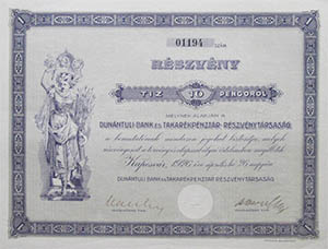 Dunntli Bank s Takarkpnztr Rszvnytrsasg rszvny 100 peng 1926 Kaposvr