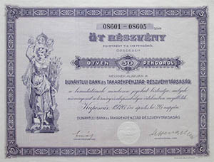 Dunntli Bank s Takarkpnztr Rszvnytrsasg rszvny 50 peng 1926 Kaposvr