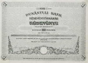 Dunntli Bank Rszvnytrsasg rszvny 100 peng 1941