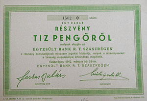 Egyeslt Bank Rszvnytrsasg Szszrgen rszvny 10 peng 1942