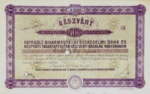 Egyeslt Biharmegyei Kereskedelmi Bank s Kzponti Takarkpnztr Rszvnytrsasg Nagyvradon rszvny 400 korona 1911 nagyvarad