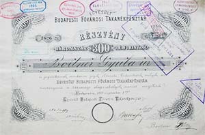 Egyeslt Budapesti Fvrosi Takarkpnztr rszvny 300 forint 1889