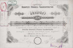 Egyeslt Budapesti Fvrosi Takarkpnztr rszvny 300 forint 1895