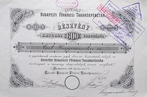 Egyeslt Budapesti Fvrosi Takarkpnztr rszvny 600 korona 1911