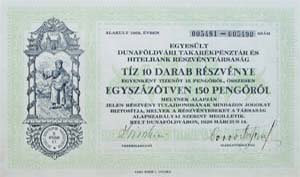 Egyeslt Dunafldvri Takarkpnztr s Hitelbank Rszvnytrsasg rszvny 150 peng 1926