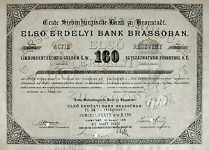 Els Erdlyi Bank Brassban Rszvnytrsasg rszvny 160 forint 1887