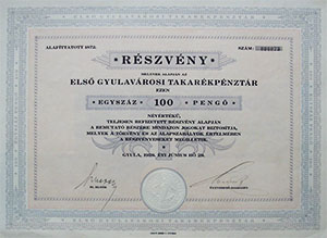 Els Gyulavrosi Takarkpnztr rszvny 100 peng 1928 Gyula