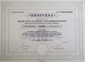 Els Gyulavrosi Takarkpnztr rszvny 10x100 1000 peng  1928 Gyula