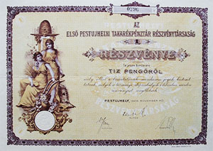Els Pestjhelyi Takarkpnztr Rszvnytrsasg rszvny 10 peng 1926
