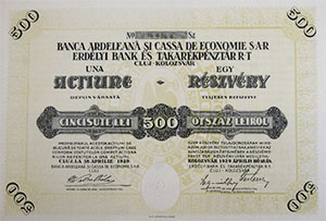 Erdlyi Bank s Takarkpnztr Rszvnytrsasg  rszvny 500 lei 1929 Kolozsvr