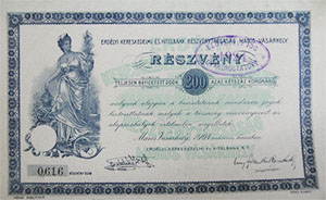 Erdlyi Kereskedelmi s Hitelbank Rszvnytrsasg rszvny 200 korona 1904 Marosvsrhely