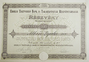 Erdlyi Tisztvisel Bank s Takarkpnztr Rszvnytrsasg  rszvny 100 korona 1911 Kolozsvr