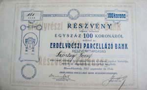 Erdlyrszi Parcellz Bank Rszvnytrsasg rszvny 100 korona 1912 Maros-Vsrhely