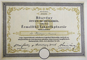 rmellki Takarkpnztr Rszvnytrsasg Szkelyhd rszvny 50 peng 1941
