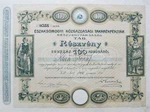 szaksomogyi Kzgazdasgi Takarkpnztr Rszvnytrsasg rszvny 100 korona 1907 Tab