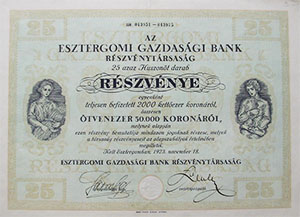 Esztergomi Gazdasgi Bank Rszvnytrsasg rszvny 25x2000 50000 korona 1923